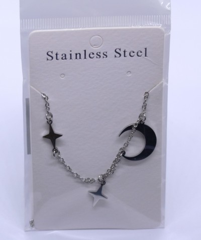 Moon and Stars Stainless Steel Necklace Silver Tone
