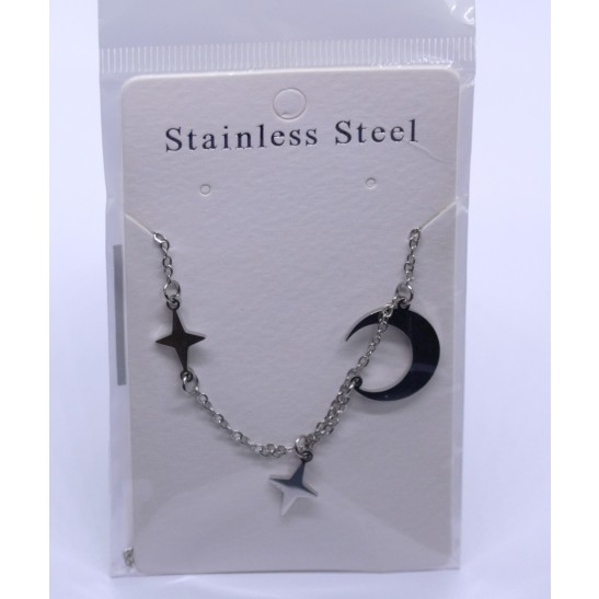 Moon and Stars Stainless Steel Necklace Silver Tone